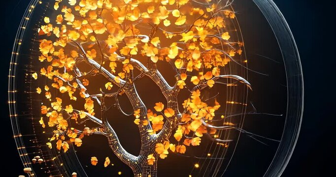 Golden leaves fall from a glowing tree within a circular frame, symbolizing the cycle of life.