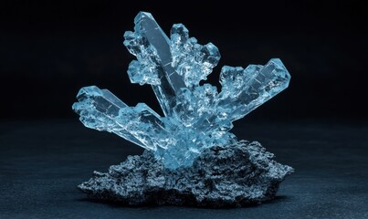 Obraz premium Blue crystal cluster on dark rock, studio shot, science background