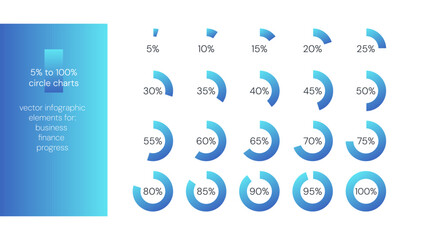 5 10 15 20 25 30 33 35 40 45 50 55 60 65 70 75 80 85 90 95 100 percent charts. Vector percentage infographics. Diagrams set. Illustrations for business, finance, growth