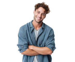 Happy young man with curly hair smiles with arms crossed in a portrait.