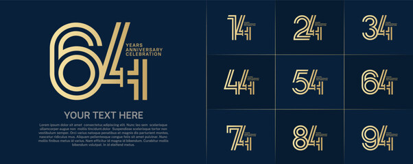 Anniversary logo type set with double line number. golden color for celebration event