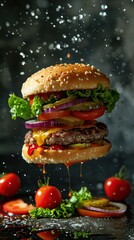 Delicious burger in mid-air, with splashes and ingredients, on a dark background