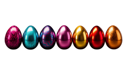 A row of seven shiny easter eggs in various colors against a transparent  background studio setting