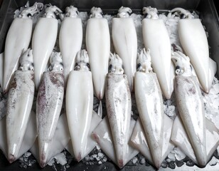 Obraz premium Fresh Raw Squid on Ice Seafood Market Display Close up of Many Cleaned Squids Ready for Sale