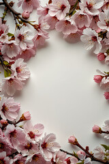 Fototapeta premium Spring composition with cherry blossoms on stele background, soft focus