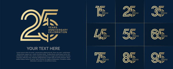Anniversary logo type set with double line number. golden color for celebration event