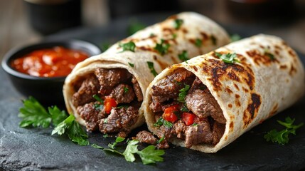 Two sliced burritos filled with seasoned beef and peppers