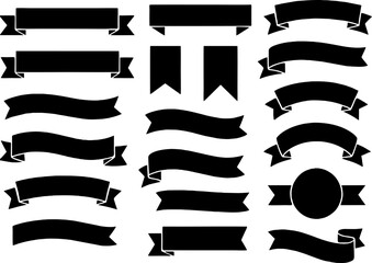 Collection of Black Ribbon and Banner Icons for Design and Decoration in Minimalist Style for Labels, Awards, and Celebratory Graphics