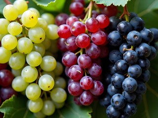 Fototapeta premium Red grapes hanging in a fresh bunch on the vine in a vineyard during autumn harvest