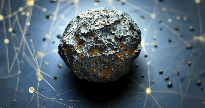 Close-up of a dark, glowing asteroid in space, surrounded by golden cosmic network.