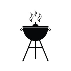 Illustration of Black BBQ Grill with Lid and Steam, Standing on Three Legs