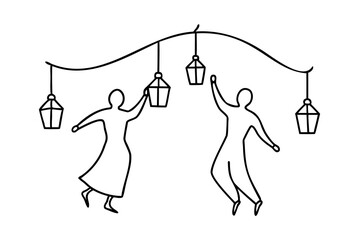 Lineart couple dancing with hanging lanterns festive illustration