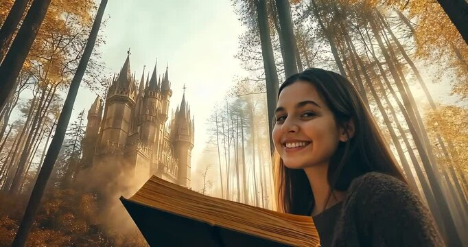 A woman smiles while reading a book in an autumn forest, a castle materializing from its pages.