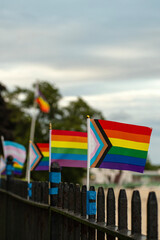 Little Pride Flags on a black fence with a beach in the background 