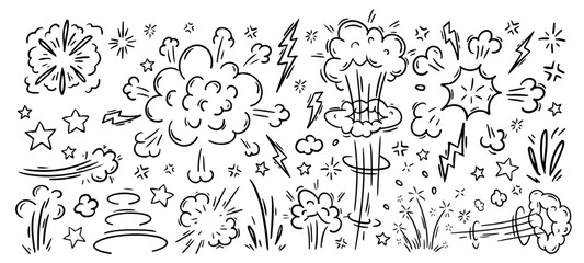 Pen Comic Boom Explosion Vector Set. Chalk Scribble Crayon Graffiti Sturburst Cartoon Splash Firework Shapes Collection. Hand Drawn Marker Squiggles. Pencil Motion Sparks Charcoal Doodles