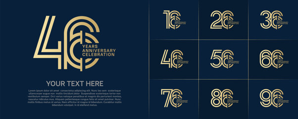 Anniversary logo type set with double line number. golden color for celebration event