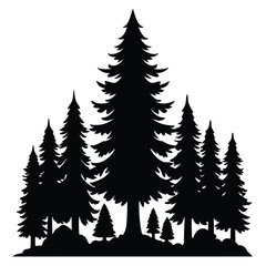 Silhouette of Pine Forest Evergreen Trees in Dark Outline Against a White Background