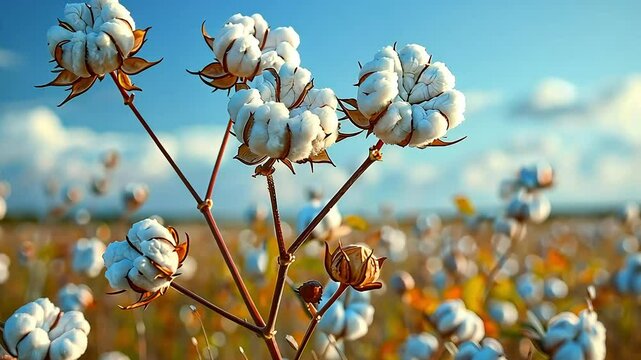 Lush cotton bolls on branches against a clear sky footage