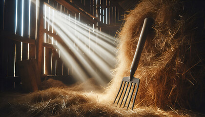 Pitchfork stuck upright in a haystack in a countryside barn with sunbeams entering through wooden planks.
