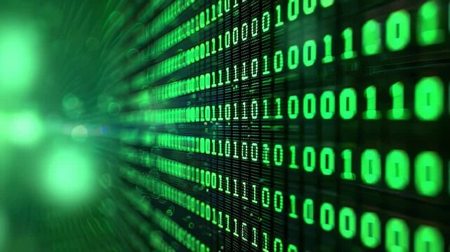 Abstract green binary code stream with bokeh effect, digital technology background
