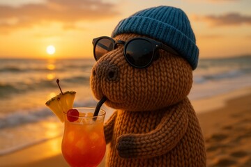 beaver - knitted toy in a cap on the seashore during sunset drinking a cocktail