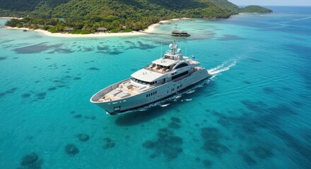 Luxury yacht sailing on turquoise water near tropical island paradise coast