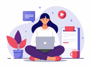 Professional career development scene with woman sitting on floor and reviewing resume