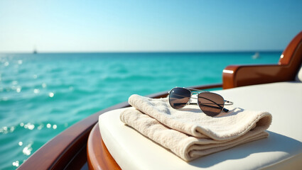 Obraz premium Detail of the deck of a luxury yacht with a towel, sunglasses and a book, the sea sparkling in the background