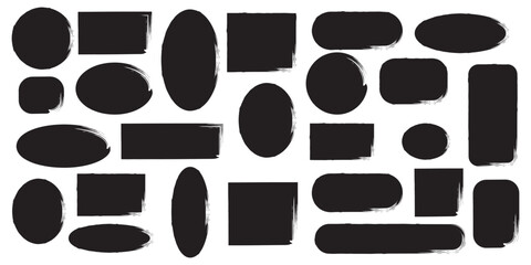 Brush paint frame rough round, stamp shape set. Brush stroke frame rough grunge square, oval paint shape element. Hand drawn texture grunge rectangle, circle round text border. Vector illustration