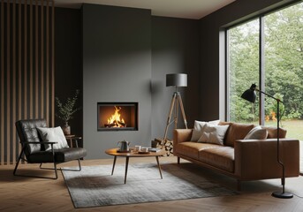 Fototapeta premium Modern Living Room with Fireplace, Leather Sofa, and Garden View