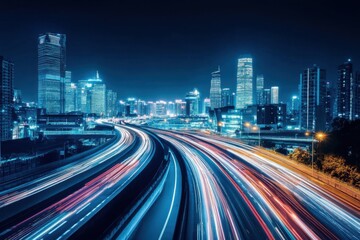 Obraz premium City Skyline and Light Trails at Night