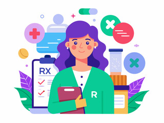 Modern healthcare service concept showing woman with prescription form and pharmaceutical elements around her