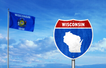 Interstate sign with flag of US State of Wisconsin