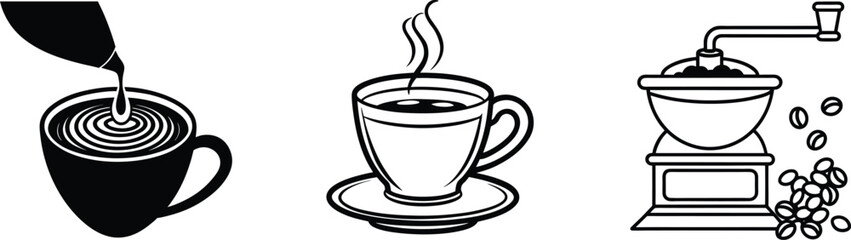 Barista Silhouette Set . Pouring Latte Art, Serving Coffee, and Grinding Beans Vector Illustration