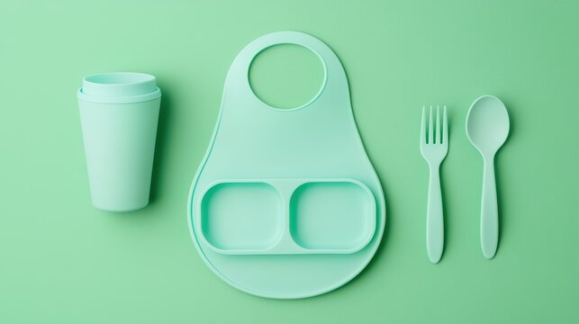 Minimalist baby feeding set with plate, cup, fork, and spoon on soft green background