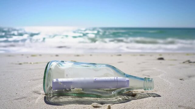 Mensaje dentro de botella en la playa con el oleaje de fondo