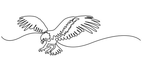 Eagle as symbol USA. One line continuous bird. Line art, outline, single line silhouette. Hand drawn vector illustration, An eagle soars in the sky with its wings spread wide. A large bird of prey.