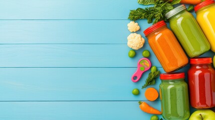 Colorful baby food homemade juices in jars surrounded by fresh vegetables and fruits on blue wooden background
