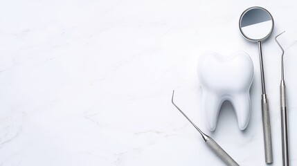 Dental care tools and white tooth model on marble surface for oral hygiene and health education