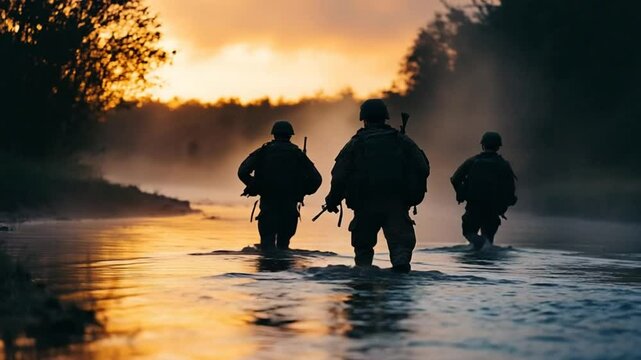 Military team in tactical formation crossing river at sunset with dramatic lighting