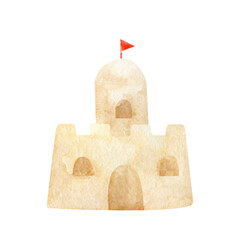 Watercolor illustration of sand castle with little red flag. Hand drawing watercolor sketch, cut out clipart element for design decoration.