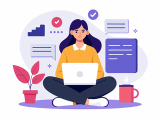 Clean flat style showing young woman creating resume on laptop in calm environment