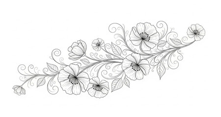 Floral Branch Illustration in Black and White | Decorative Botanical Element for Wedding Invitations, Stationery Design, and Tattoo Art