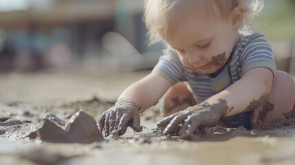 A baby plays in mud