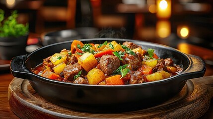 Boeuf bourguignon Delicious beef stew with vegetables in a black pot on a wooden surface.