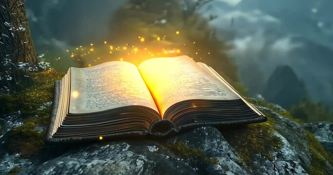 A magical book lies open, emitting a golden glow in a misty mountain setting.
