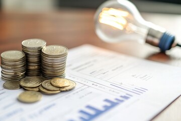 Counting and Calculate Cost Money of Electricity and Heating Bill. Electric Cap, Glowing Light Bulb and Euro Banknotes on the Background. Increase in the Cost of Electricity. Price Hike. Energy Crisis