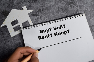 Concept of Buy, Sell, Rent, Keep write on book isolated on Wooden Table.