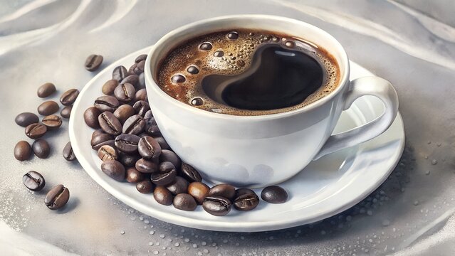 This high-resolution, close-up photograph features a white cup of coffee with a frothy top, resting on a white saucer. The cup is surrounded by numerous dark roasted coffee beans scattered across a li
