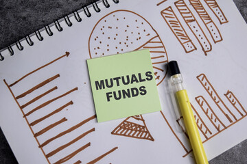 Concept of Mutuals funds write on sticky notes isolated on Wooden Table. stock and chart business concept